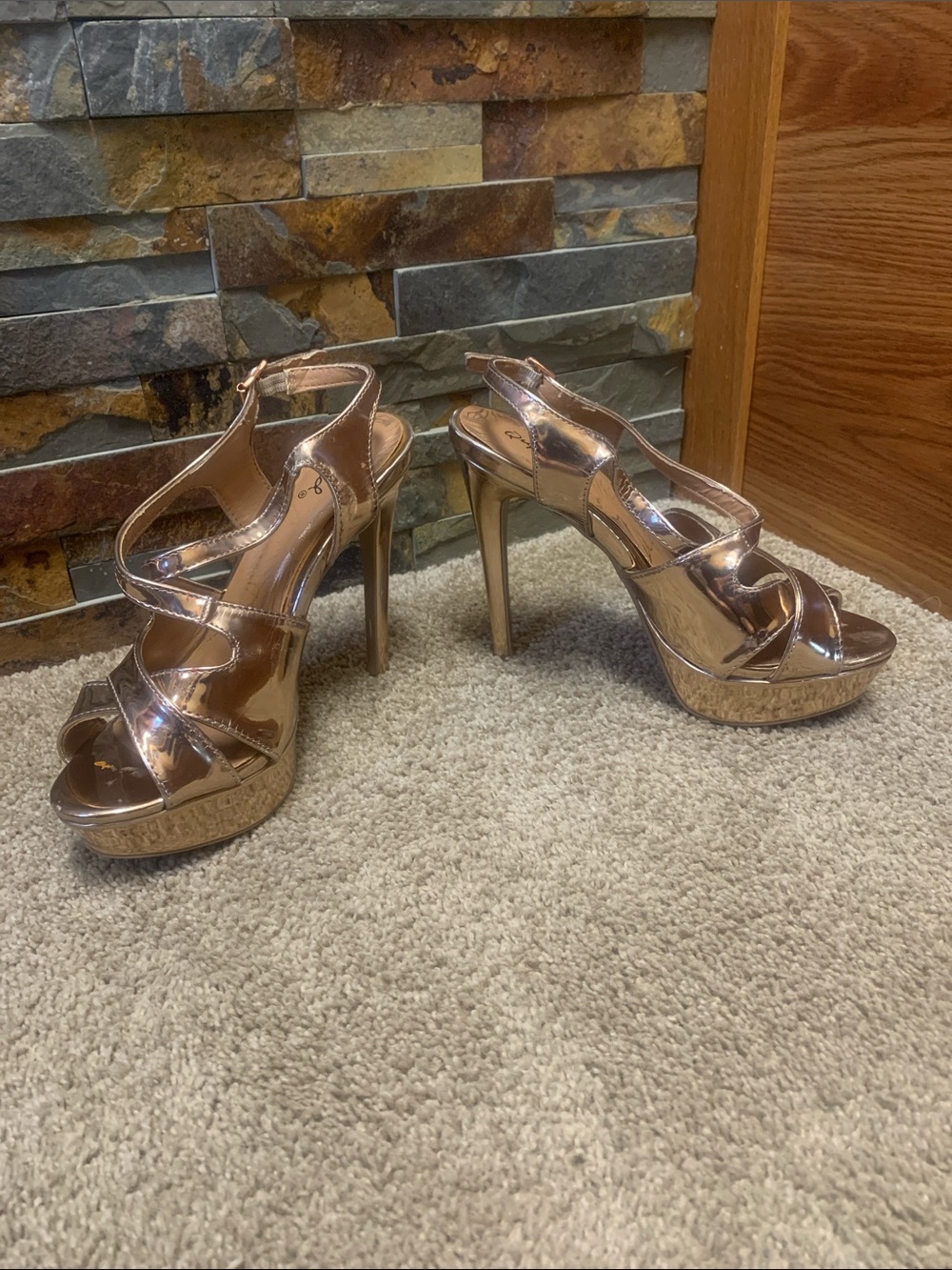 Qupid 7/7.5 high heel Metallic Rose Gold High Heel Platform Sandals - homecoming